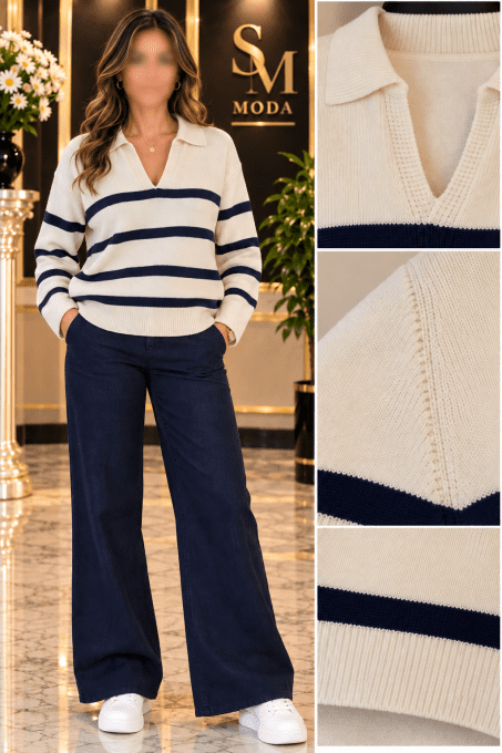 Pull femme col polo rayé chic