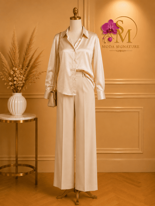 Chemise Satinée Champagne Femme – Effet Doré