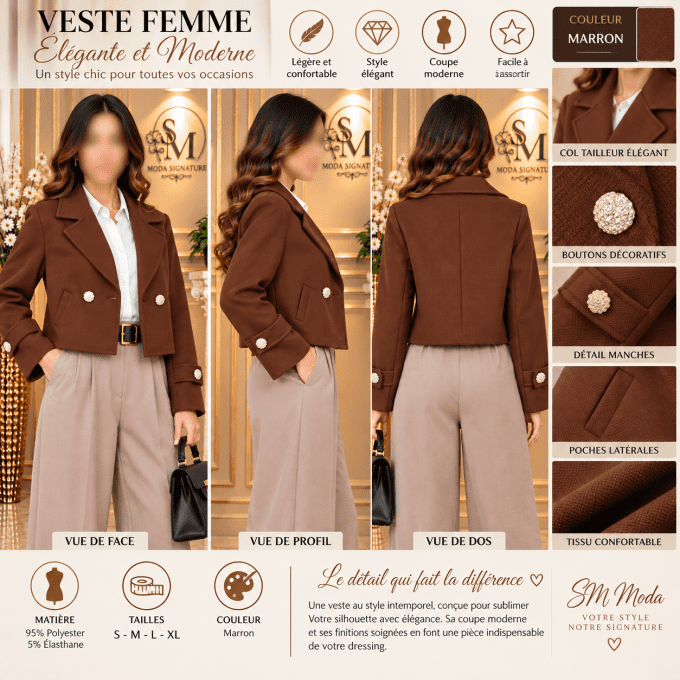 Veste Femme Marron – Coupe Courte