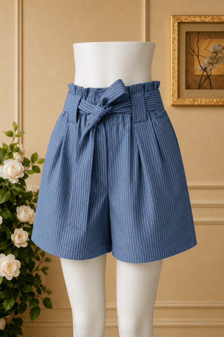 Short rayé bleu à ceinture nouée