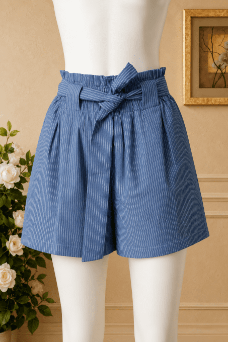 Short rayé bleu à ceinture nouée