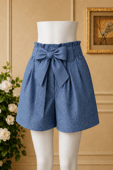 Short rayé bleu à ceinture nouée