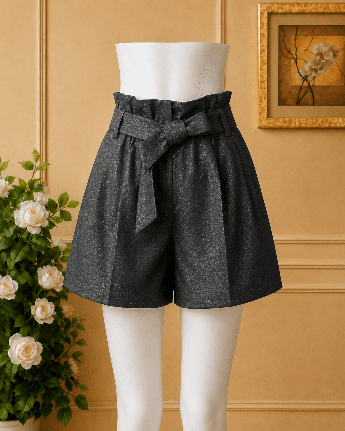 Short paperbag noir à ceinture nouée