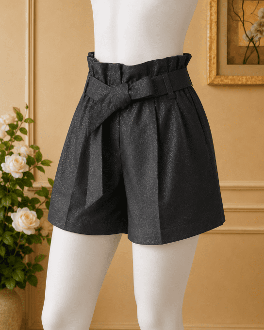 Short paperbag noir à ceinture nouée