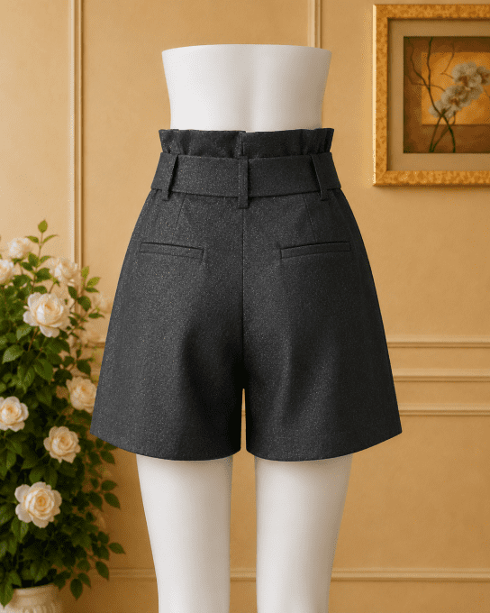 Short paperbag noir à ceinture nouée