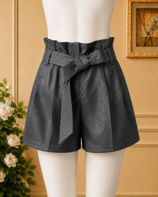 Short paperbag noir à ceinture nouée