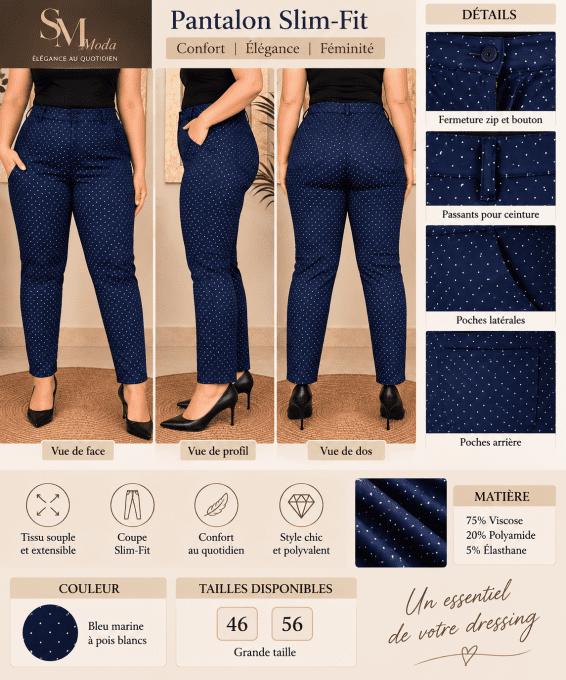 Pantalon Slim-Fit Femme Bleu Marine à Pois Blancs – Grande Taille