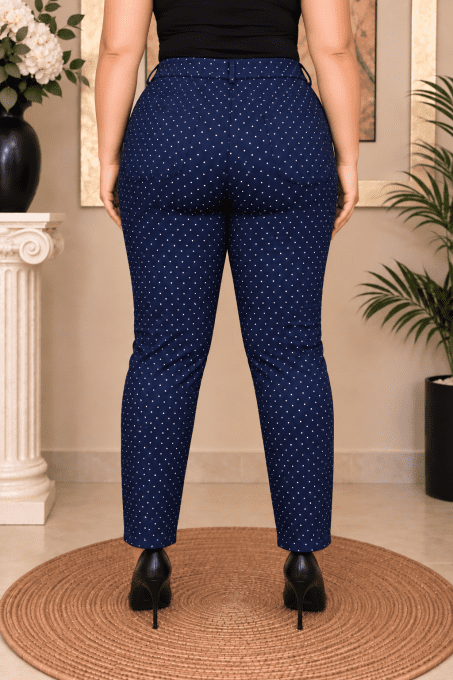 Pantalon Slim-Fit Femme Bleu Marine à Pois Blancs – Grande Taille