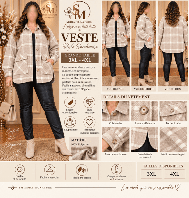 Veste à carreaux beige grande taille