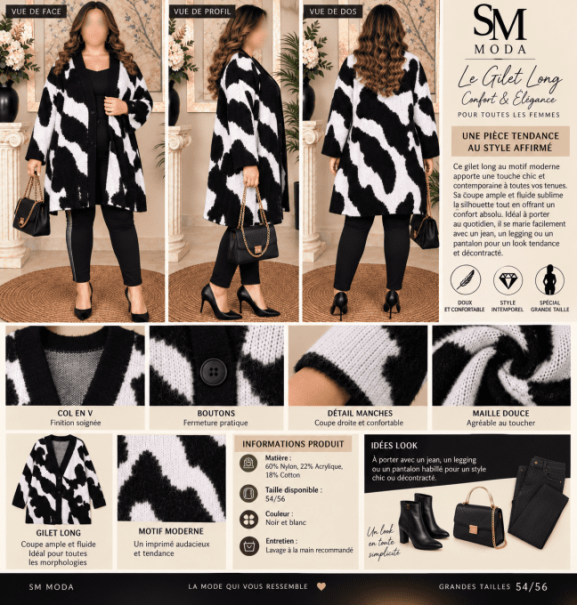 Gilet long grande taille femme 54/56 – Noir et blanc