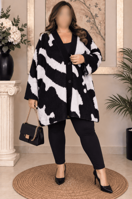 Gilet long grande taille femme 54/56 – Noir et blanc