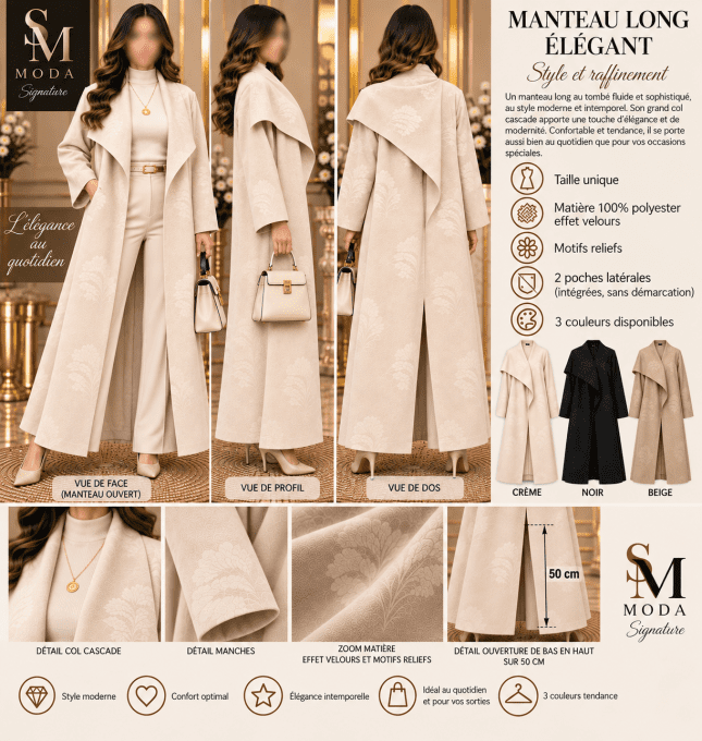 Manteau long femme effet velours à motifs en relief