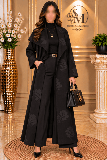 Manteau long femme effet velours à motifs en relief