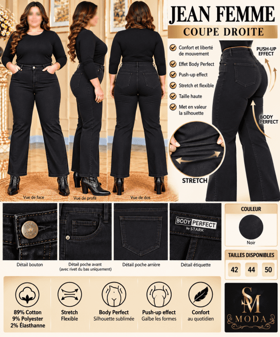Jean femme noir coupe droite– Stretch & Push-Up