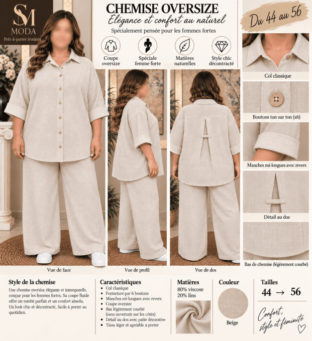 Chemise oversize beige femme forte