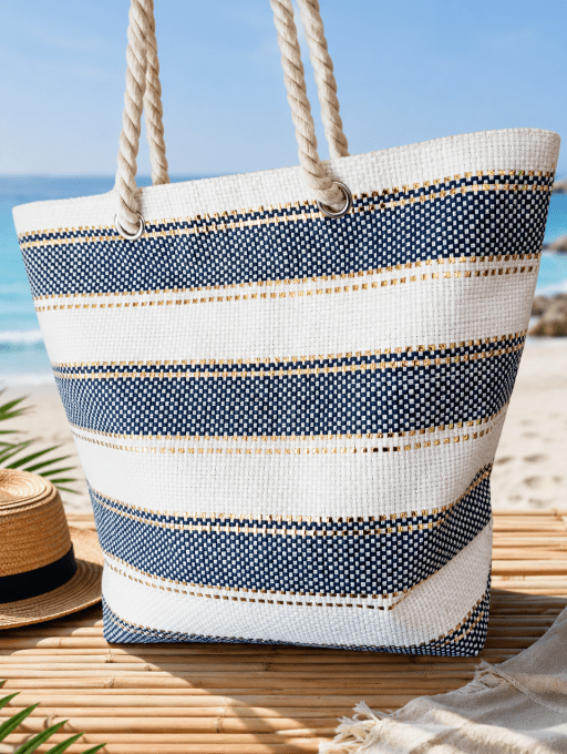 Grand Cabas de Plage Rayé Bleu Marine & Blanc – Anses en Corde