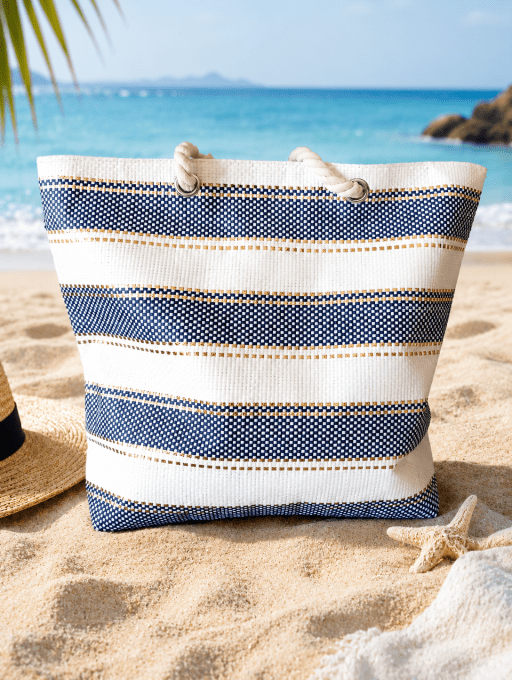 Grand Cabas de Plage Rayé Bleu Marine & Blanc – Anses en Corde