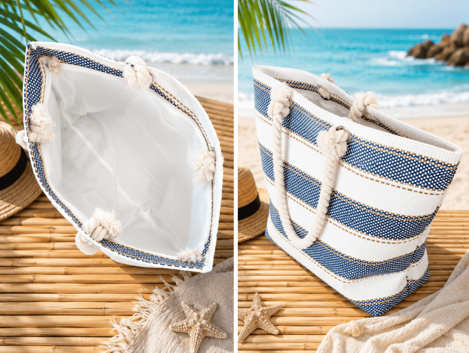 Grand Cabas de Plage Rayé Bleu Marine & Blanc – Anses en Corde