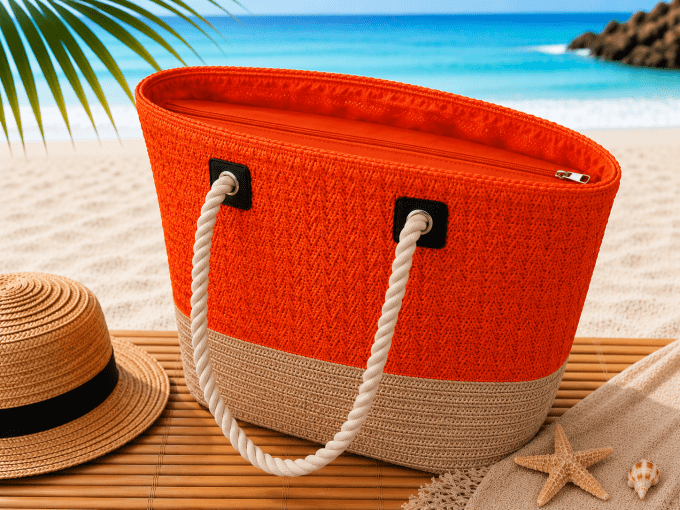 Grand Cabas de Plage Bicolore Orange & Beige à Anses Corde