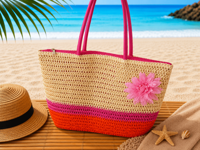 Grand Cabas de Plage Fleuri Beige, Rose & Orange