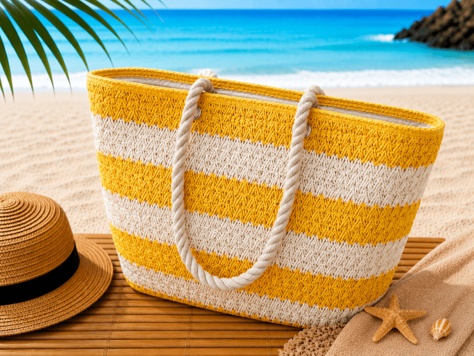 Grand Cabas de Plage Rayé Jaune & Blanc à Anses en Corde