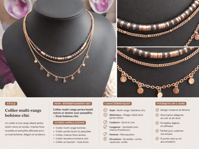 Collier multi-rangs bohème chic doré rose à perles et pampilles
