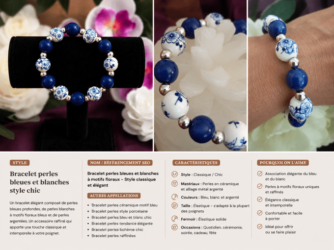 Bracelet perlé en céramique bleue et blanche – Style Porcelaine Élégante