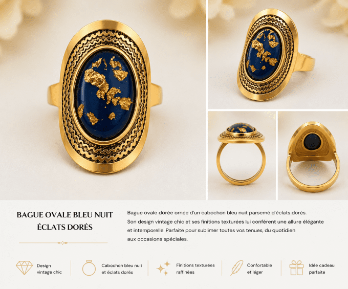 Bague Ovale Bleu Nuit Dorée Élégance Vintage