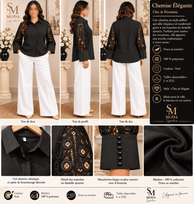 Chemise noire chic à manches en dentelle