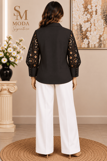 Chemise noire chic à manches en dentelle