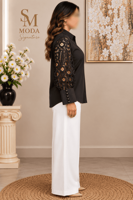 Chemise noire chic à manches en dentelle