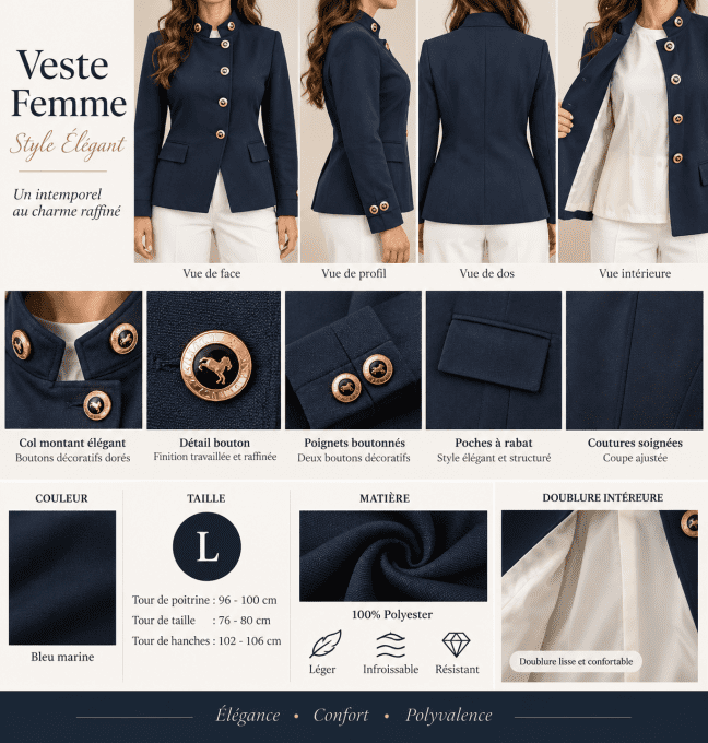 Blazer femme chic à col officier bleu marine