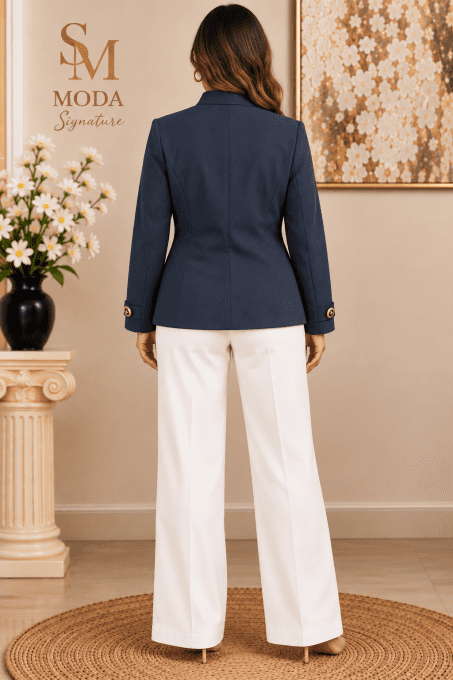 Blazer femme chic à col officier bleu marine