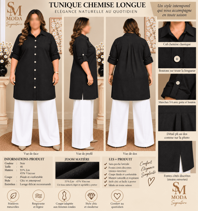 Tunique-chemise longue noire femme