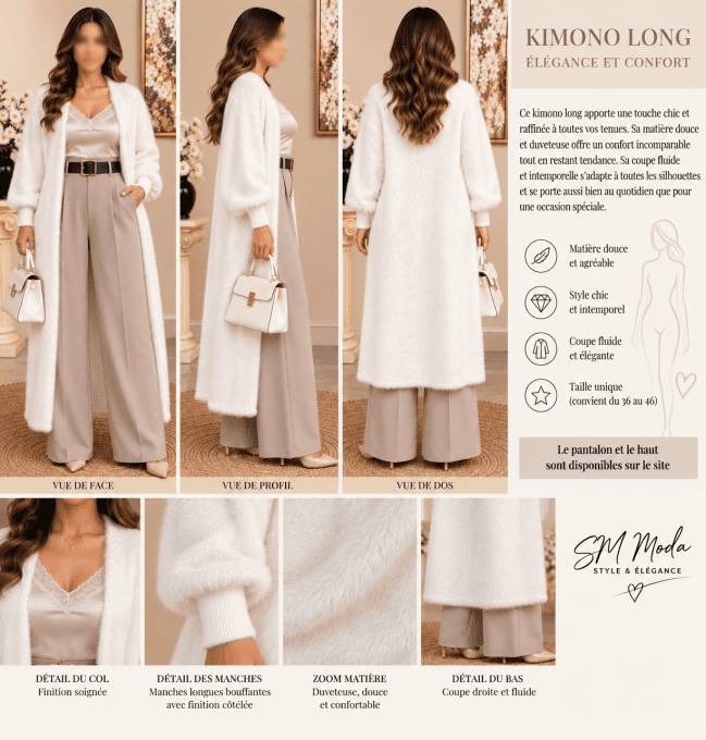 Kimono long blanc effet fourrure