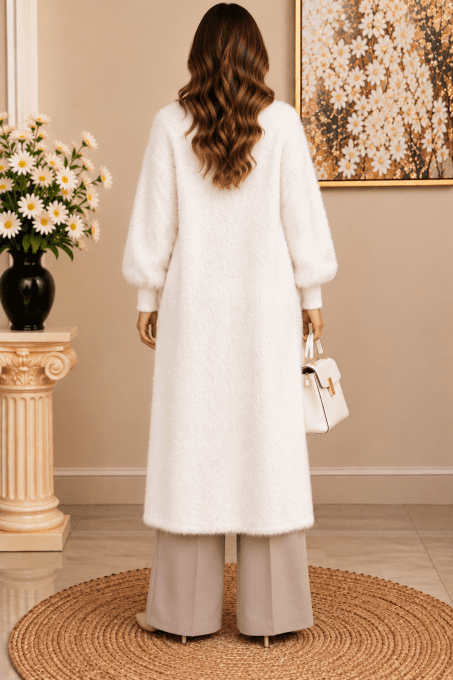 Kimono long blanc effet fourrure