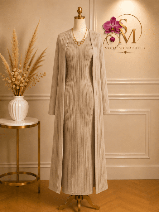 Ensemble Robe Longue Moulante en Maille Côtelée avec Gilet Long Femme