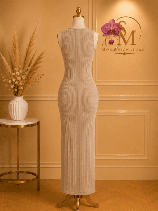 Ensemble Robe Longue Moulante en Maille Côtelée avec Gilet Long Femme