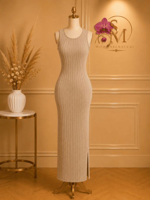 Ensemble Robe Longue Moulante en Maille Côtelée avec Gilet Long Femme