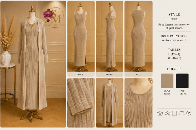 Ensemble Robe Longue Moulante en Maille Côtelée avec Gilet Long Femme