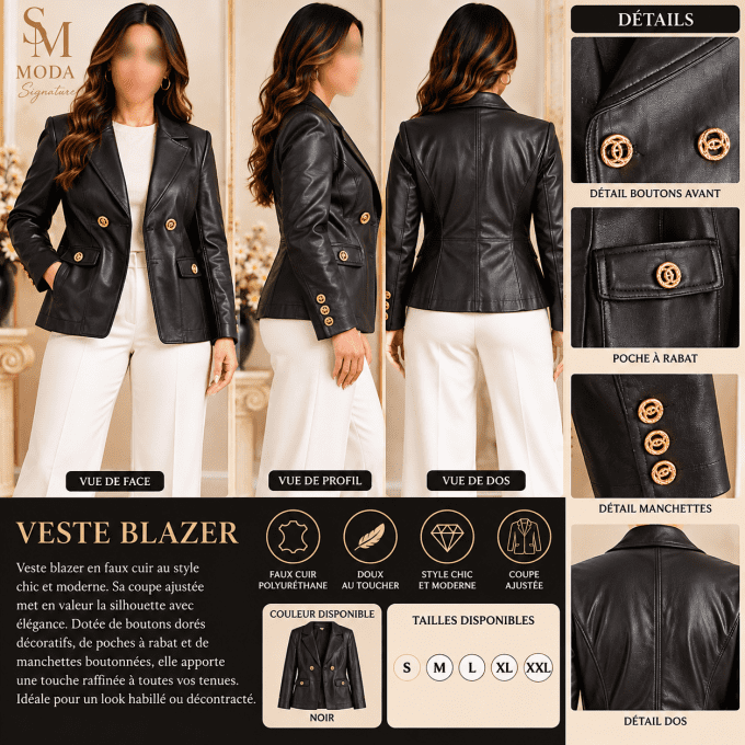 Veste Blazer Chic en Similicuir Noir 