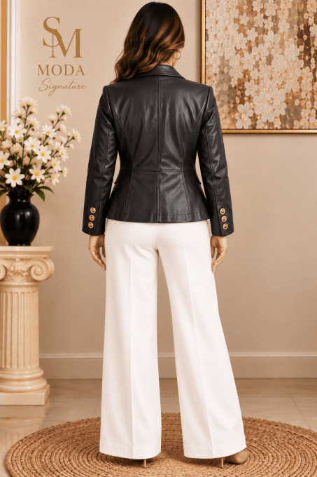 Veste Blazer Chic en Similicuir Noir 