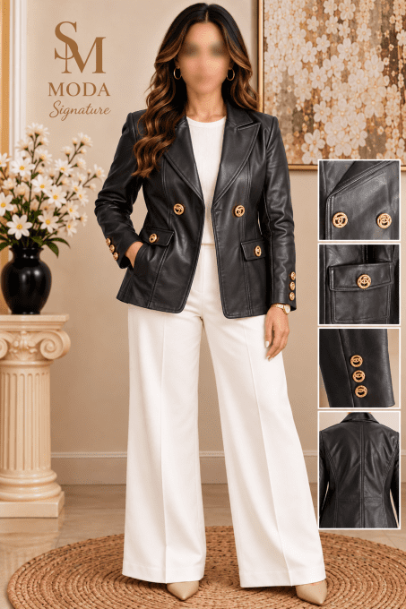 Veste Blazer Chic en Similicuir Noir 