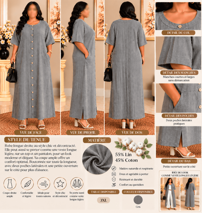 Robe longue droite en lin et coton gris