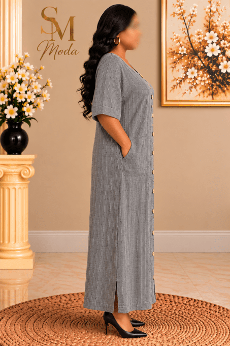 Robe longue droite en lin et coton gris