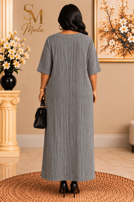 Robe longue droite en lin et coton gris