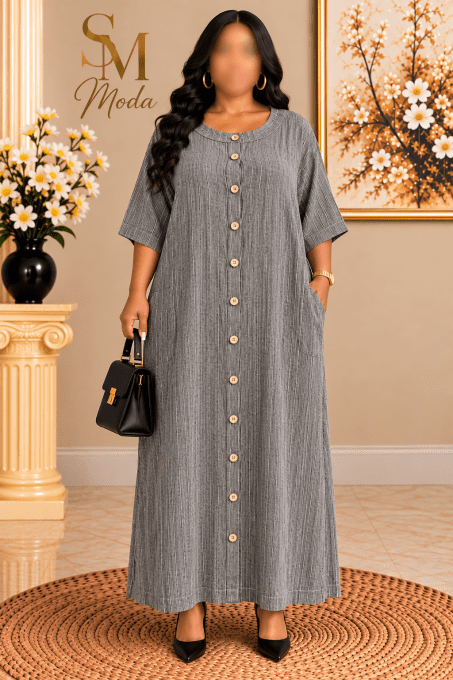 Robe longue droite en lin et coton gris