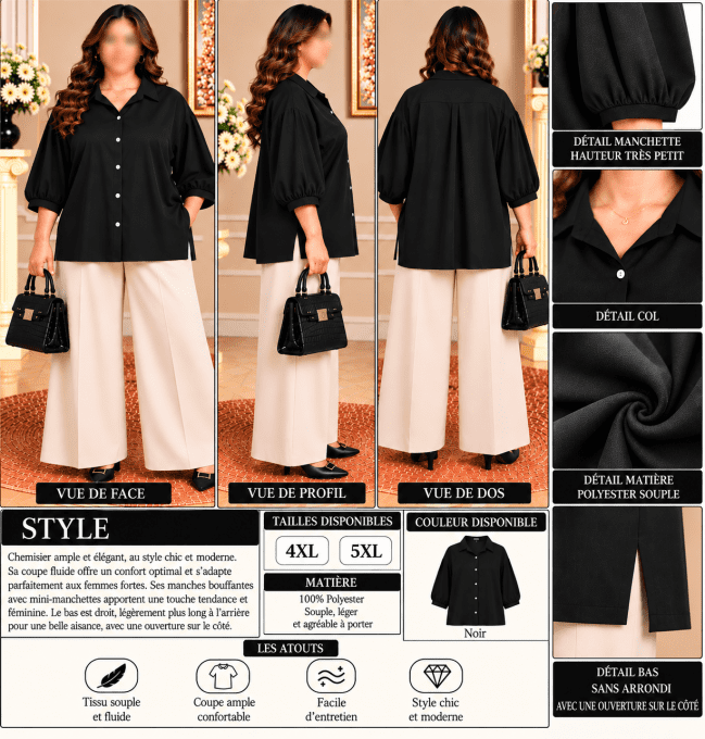 Chemisier Oversize Noir Femme Grande Taille