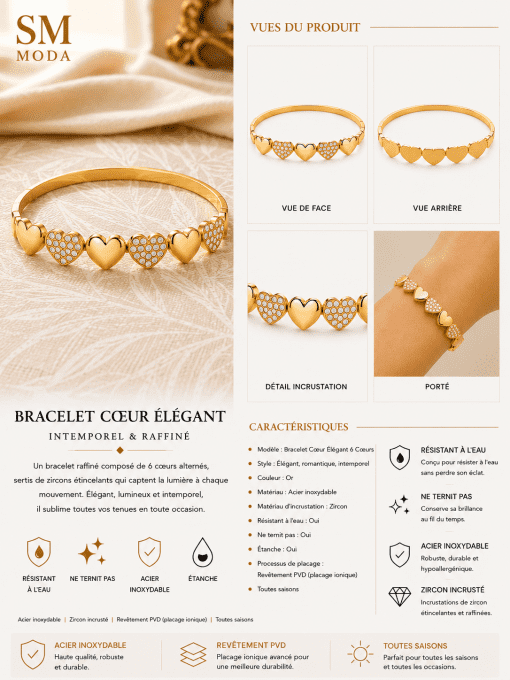 Bracelet Cœur Élégant Doré – Acier Inoxydable & Zircons