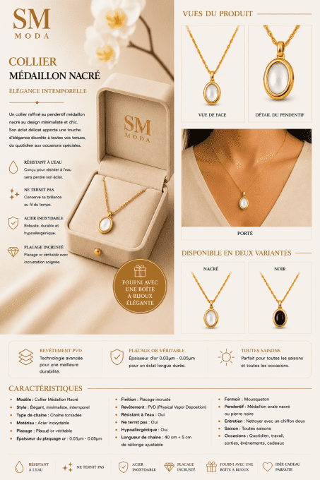 Collier Médaillon Ovale Doré en Acier Inoxydable